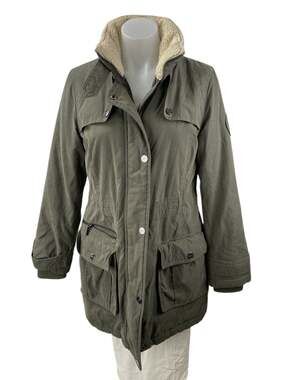 DKNY Women's Green Fleece Collar Full Zip Utility Military Parka Coat Jacket XS
